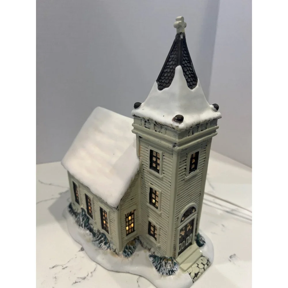 Vintage Style Lighted Christmas Village Church Snow‎ Covered Winter Decor White